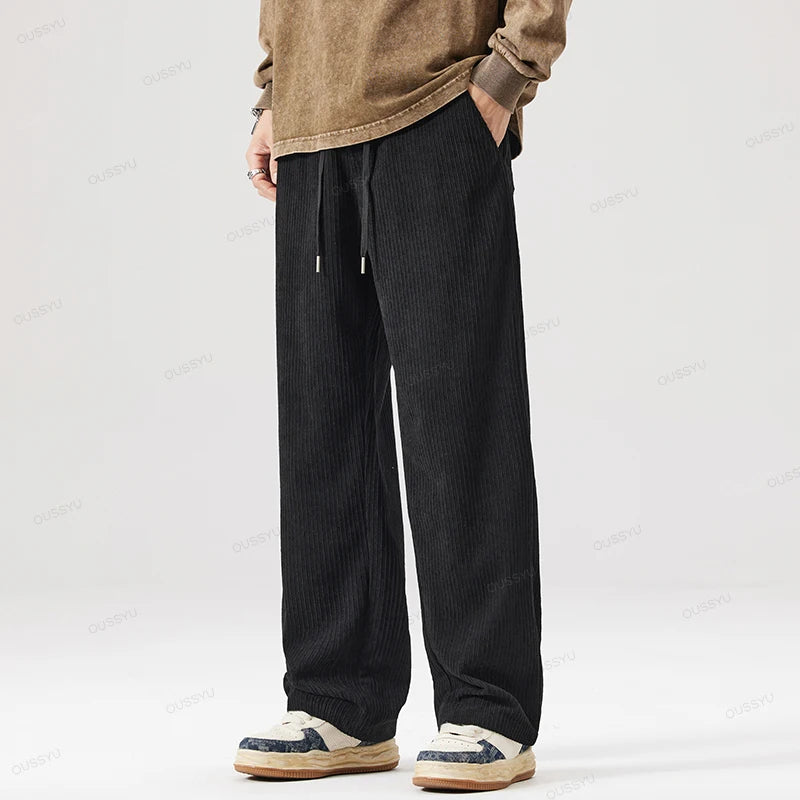 OUSSYU Brand Autumn Winter Men's Stripe Corduroy Pants Elastic Waist Drawstring Straight Thick Outdoors Loose Casual Trousers